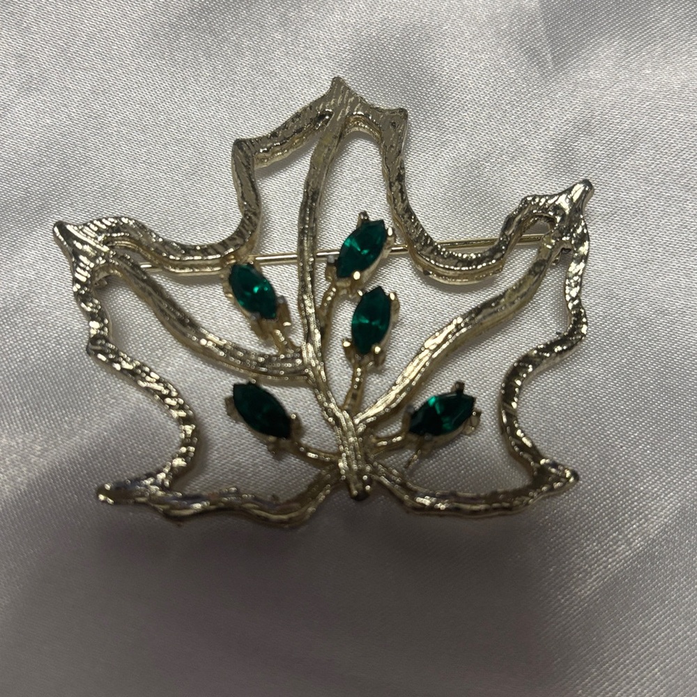 Gold Leaf Brooch with Green Accents